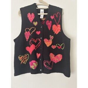 Rare Vintage Fisher Hill Funky Heart Embroidered Knit Sweater Vest Size XL